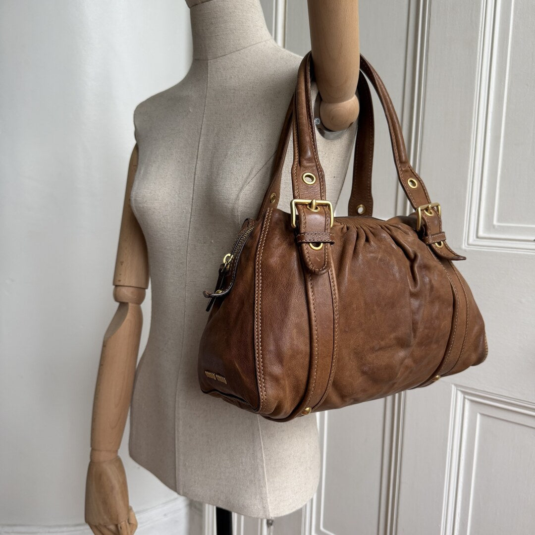 Miu Miu Buckle Leather Brown Tote Bag