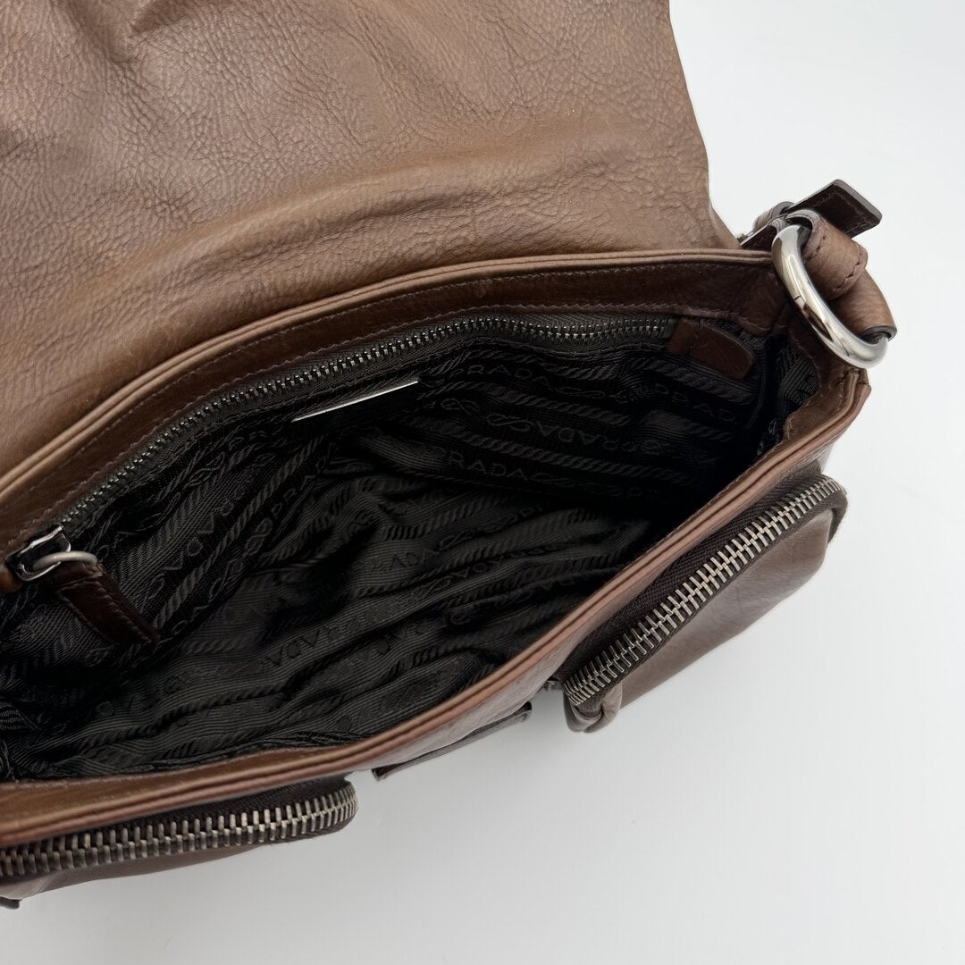 Prada Buckle Leather Brown Shoulder Bag