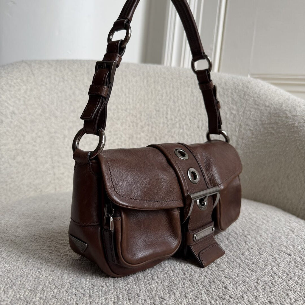 Prada Buckle Leather Brown Shoulder Bag