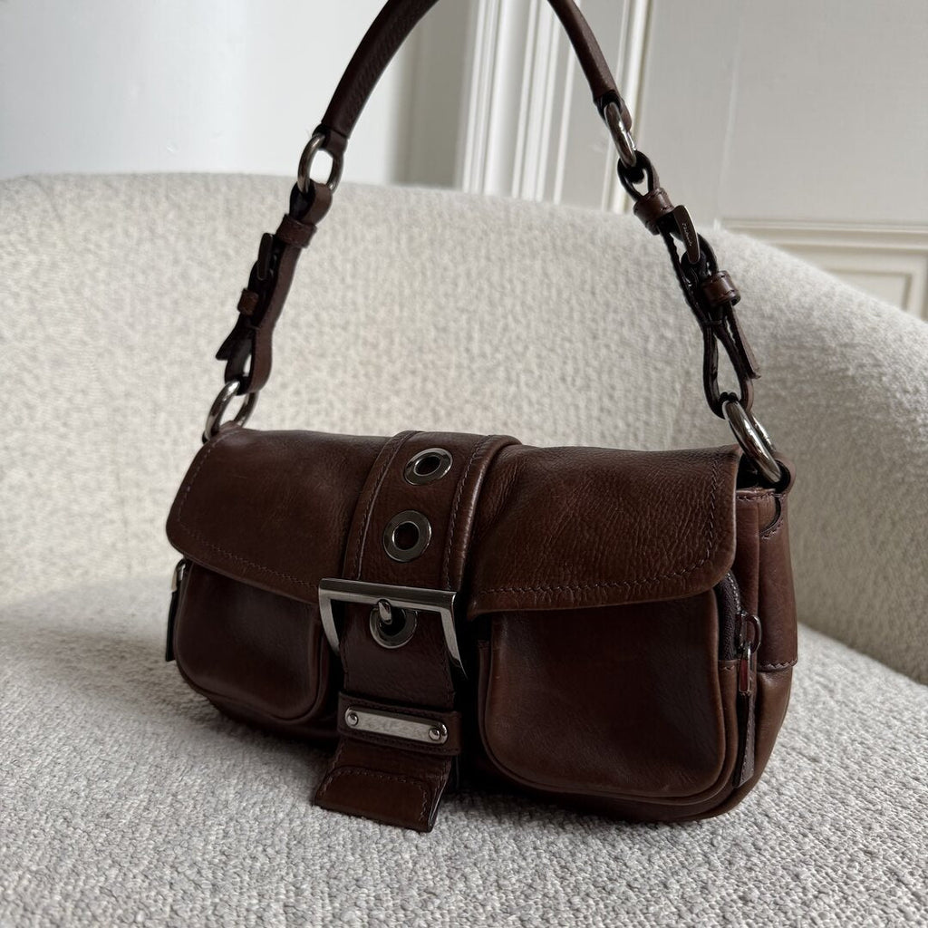 Prada Buckle Leather Brown Shoulder Bag