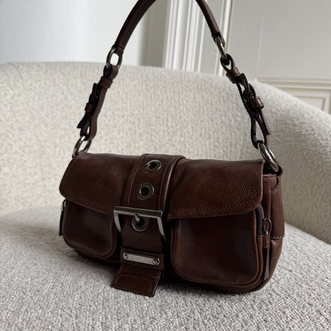 Prada Buckle Leather Brown Shoulder Bag