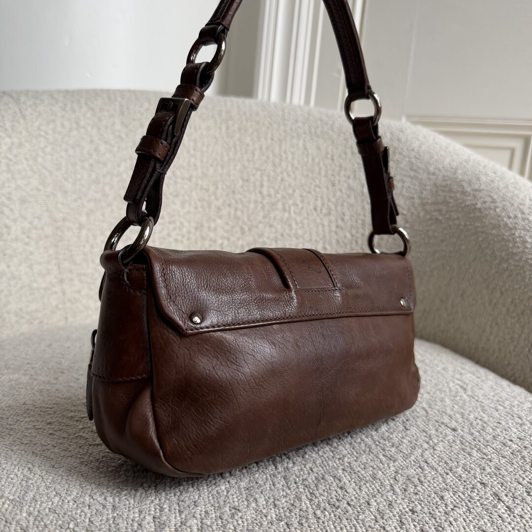 Prada Buckle Leather Brown Shoulder Bag