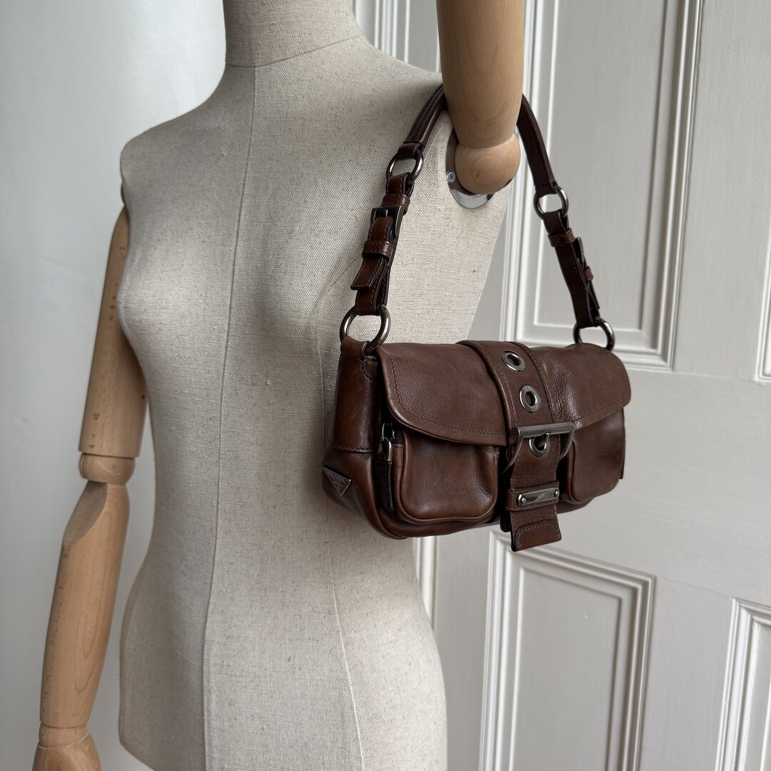 Prada Buckle Leather Brown Shoulder Bag