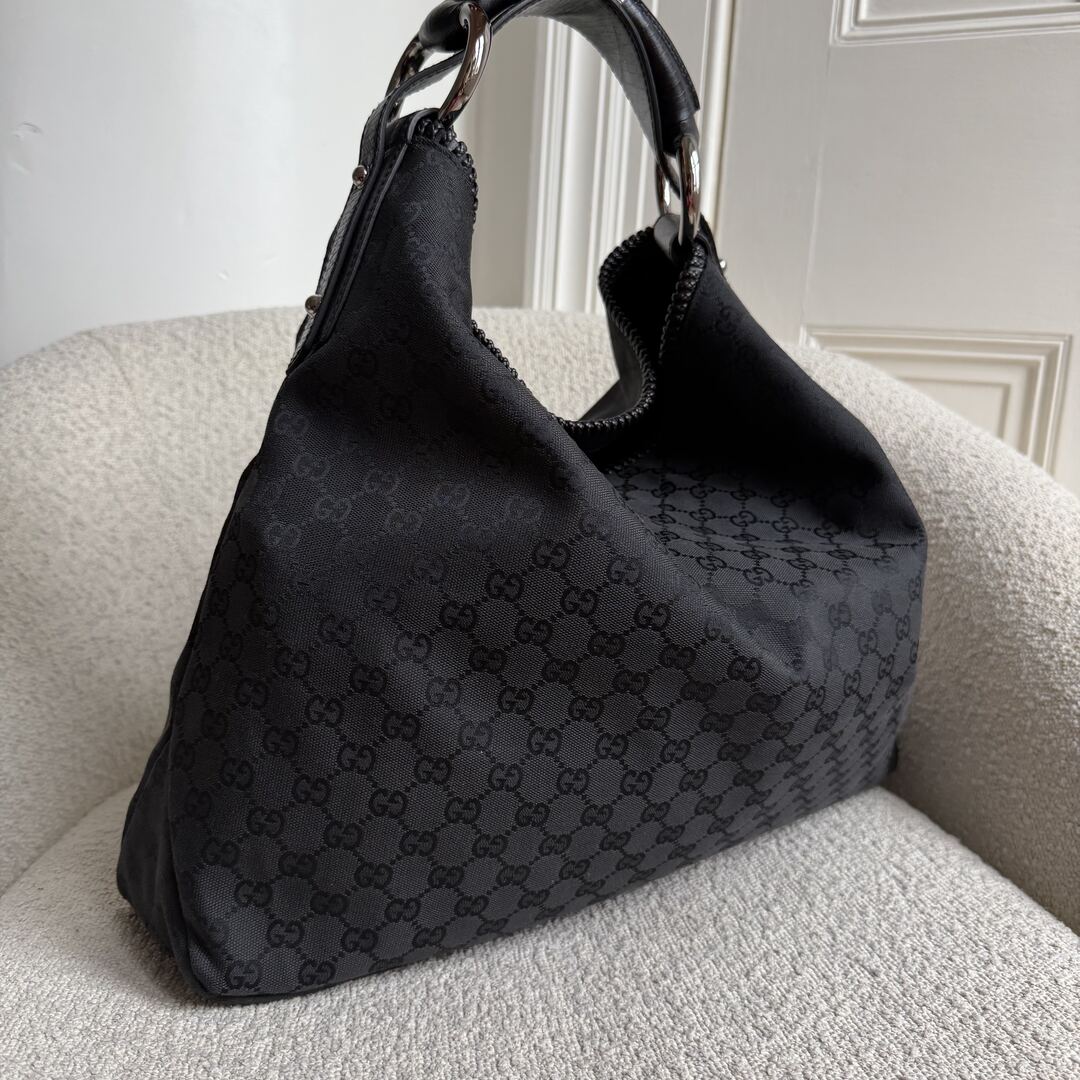 Gucci GG Canvas Horsebit Hobo Black Large Shoulder Bag