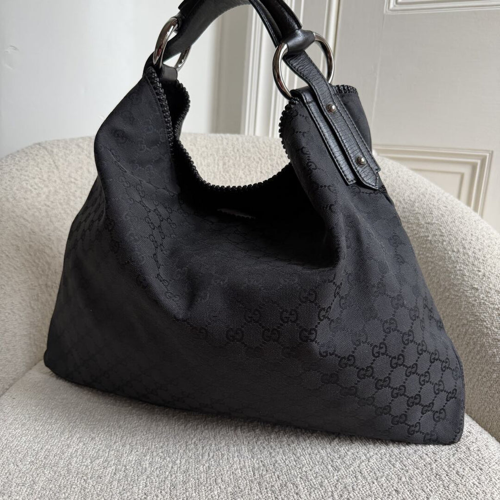Gucci GG Canvas Horsebit Hobo Black Large Shoulder Bag