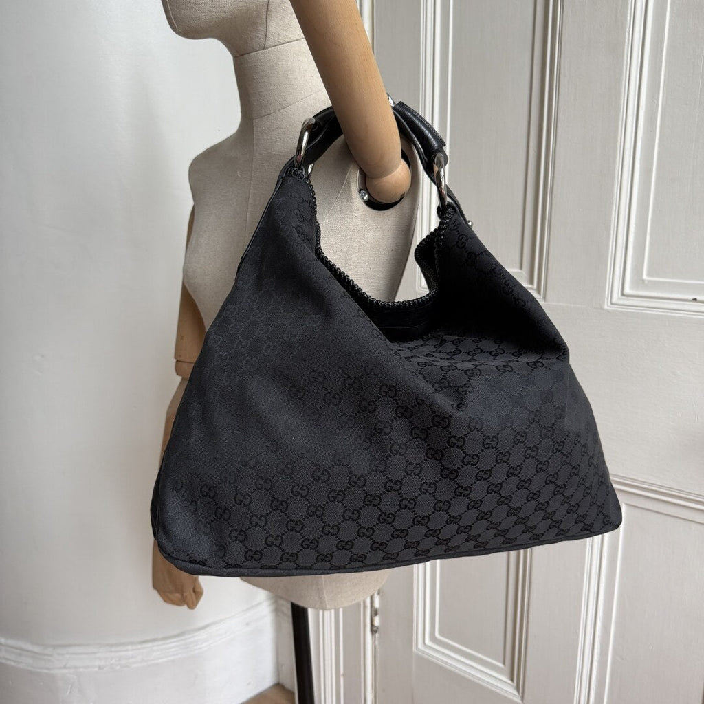 Gucci GG Canvas Horsebit Hobo Black Large Shoulder Bag