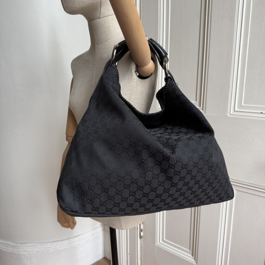 Gucci GG Canvas Horsebit Hobo Black Large Shoulder Bag