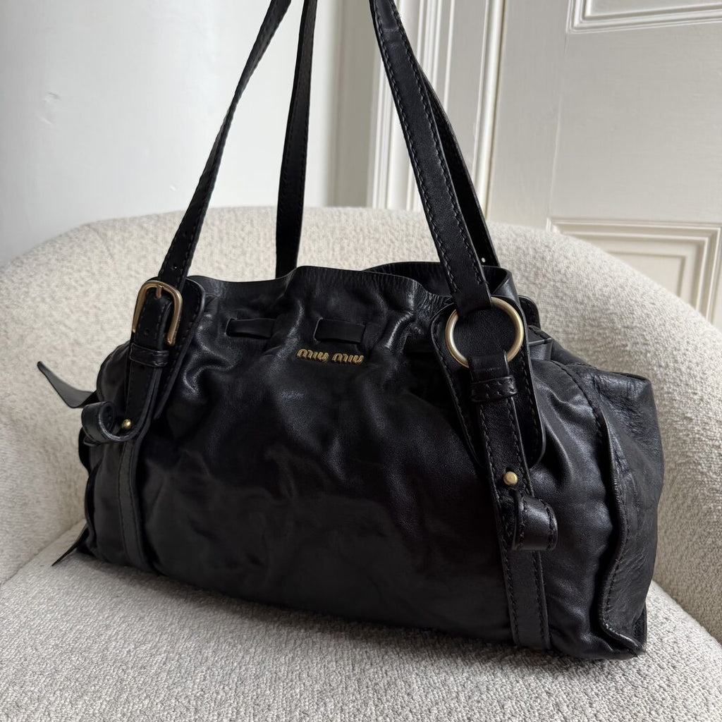 Miu Miu Vitello Black Leather Tote Bag