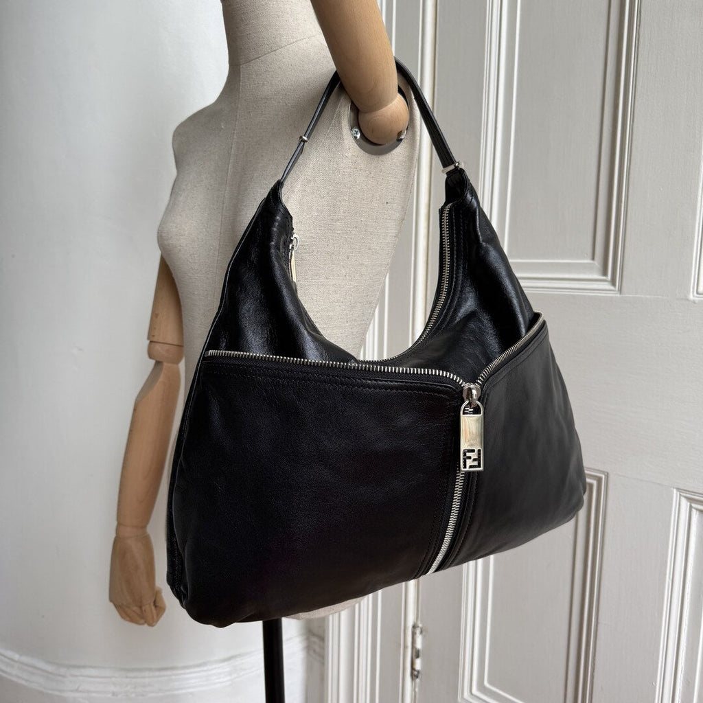 Fendi Unzipped Black Leather Large Shoulder Bag