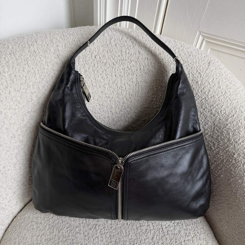 Fendi Unzipped Black Leather Large Shoulder Bag