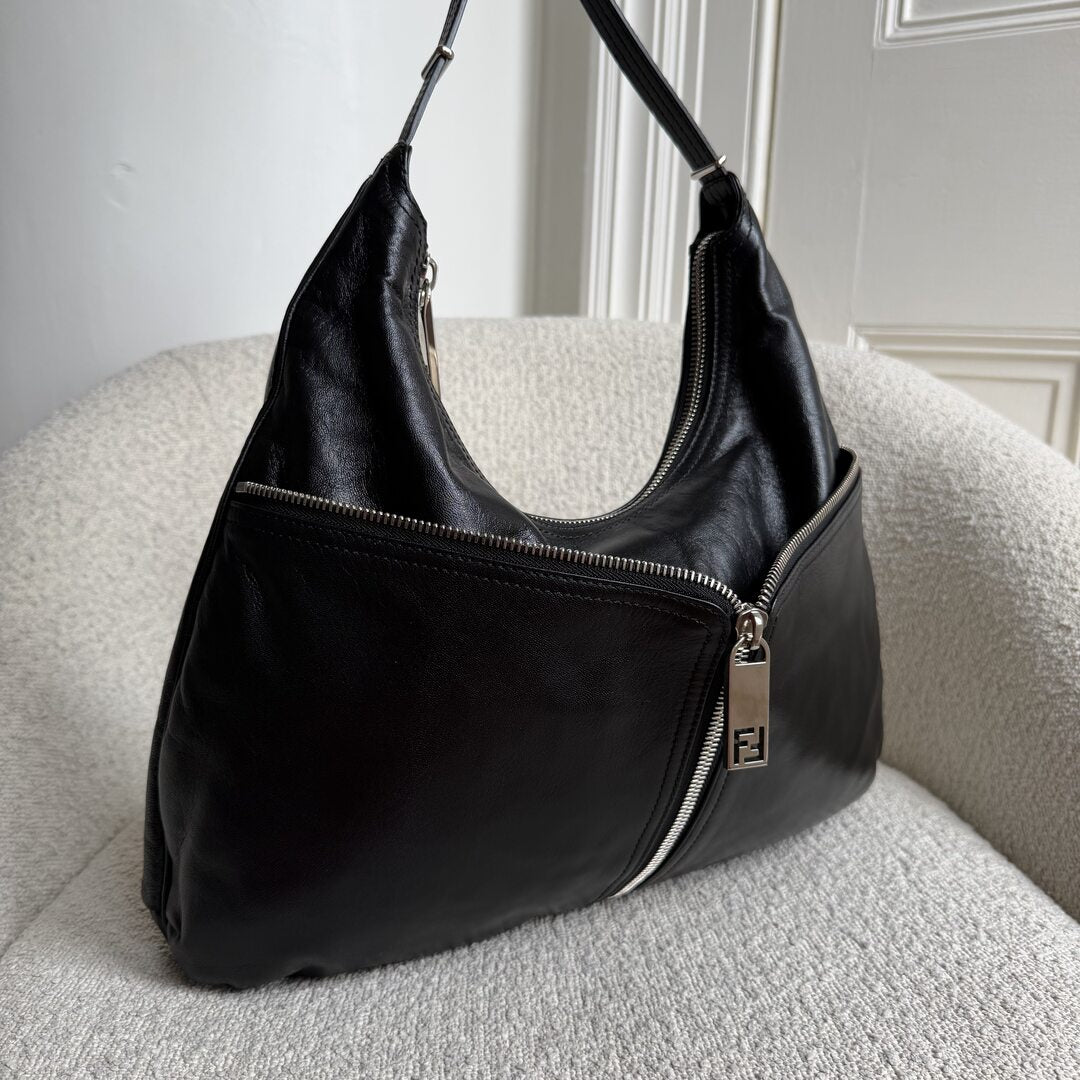 Fendi Unzipped Black Leather Large Shoulder Bag