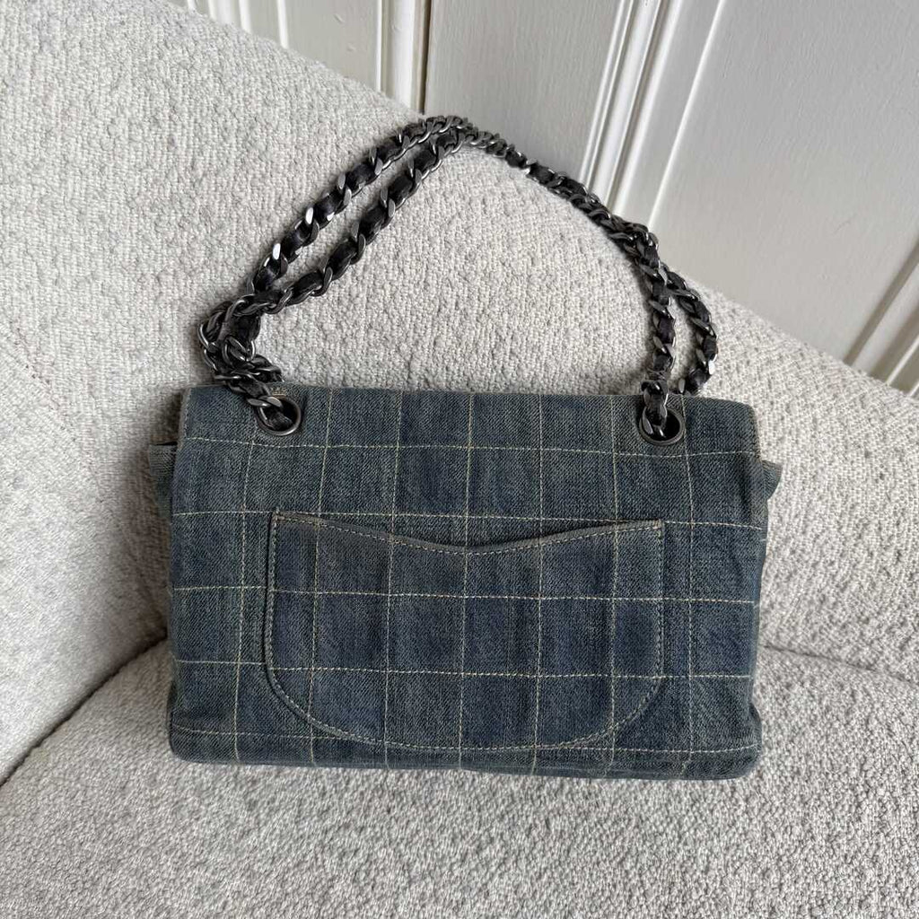 2000 Chanel Blue Denim Chocolate Bar Flap Shoulder Bag