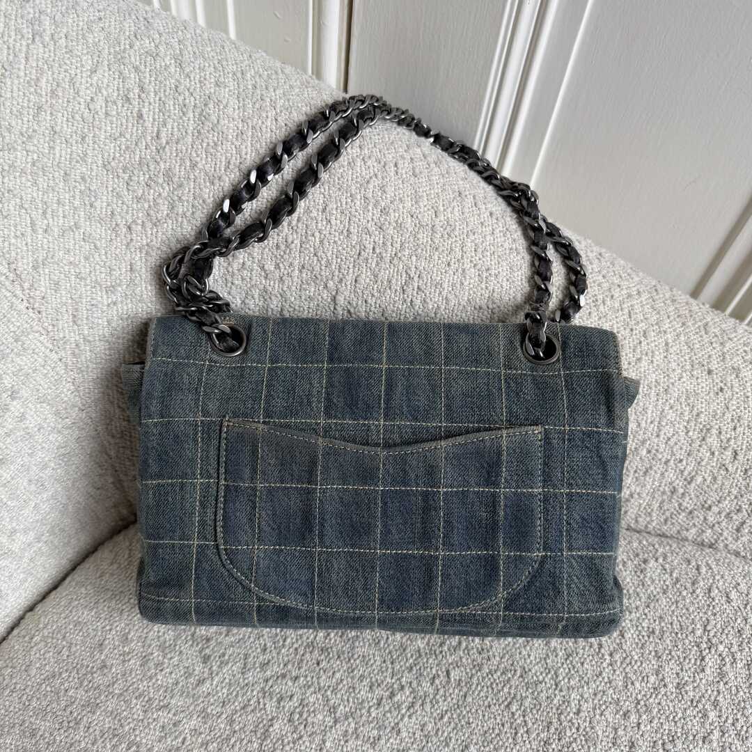 2000 Chanel Blue Denim Chocolate Bar Flap Shoulder Bag