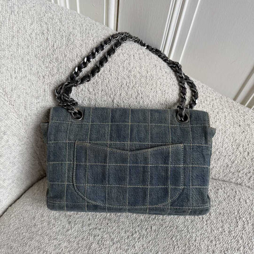 2000 Chanel Blue Denim Chocolate Bar Flap Shoulder Bag