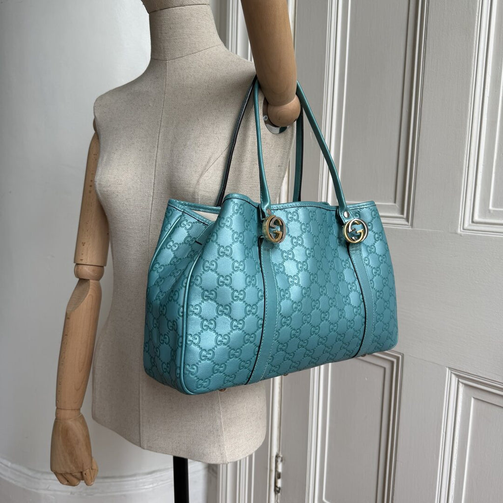 Rare Gucci Guccissima Twins Leather Blue Tote Bag