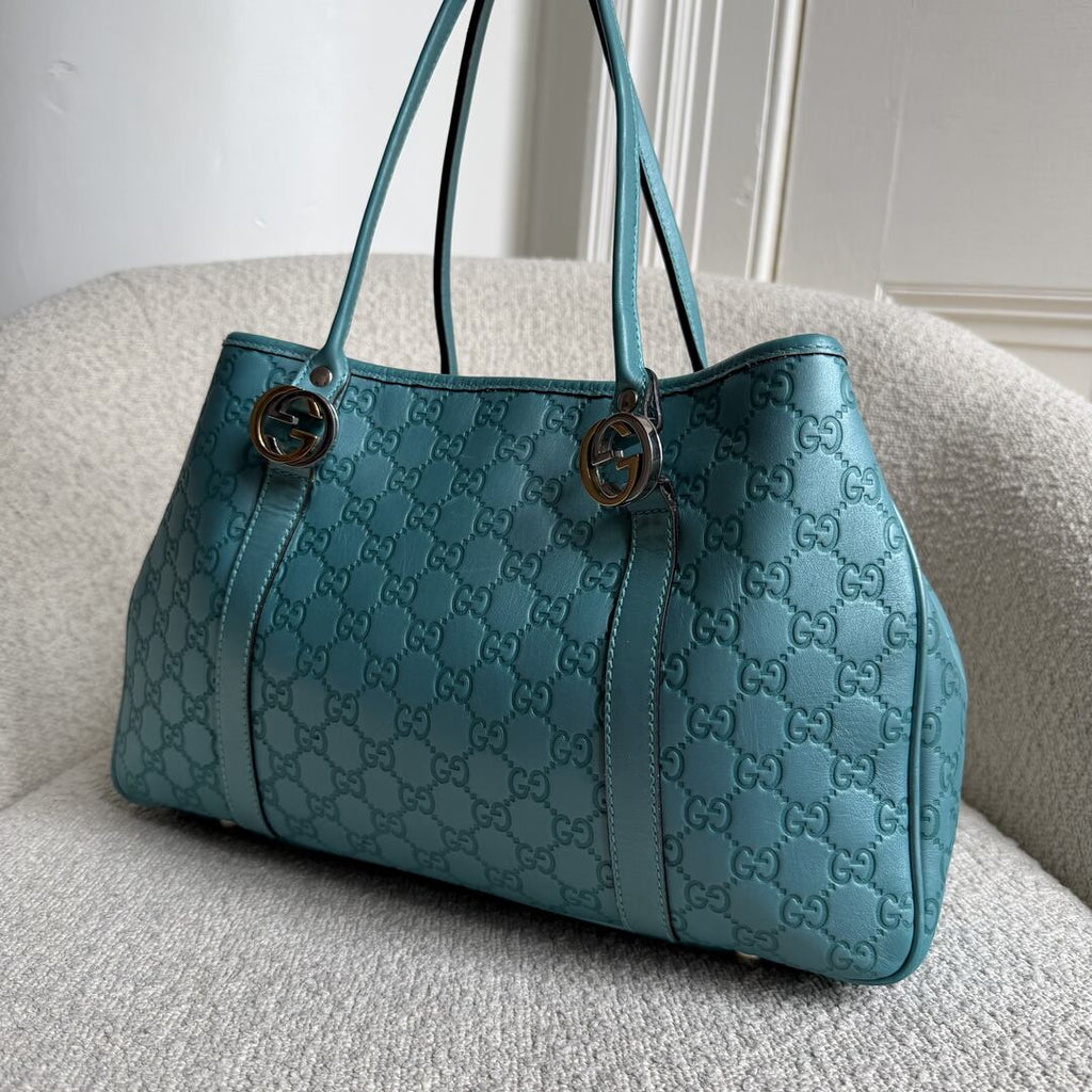 Rare Gucci Guccissima Twins Leather Blue Tote Bag