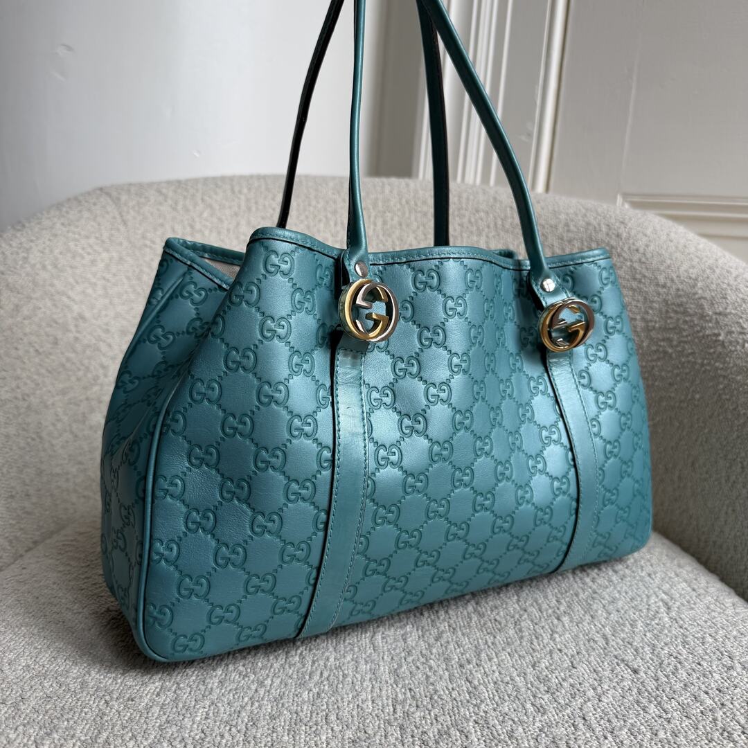 Rare Gucci Guccissima Twins Leather Blue Tote Bag