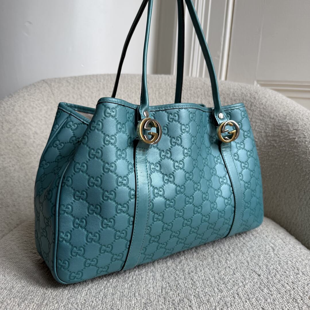 Rare Gucci Guccissima Twins Leather Blue Tote Bag