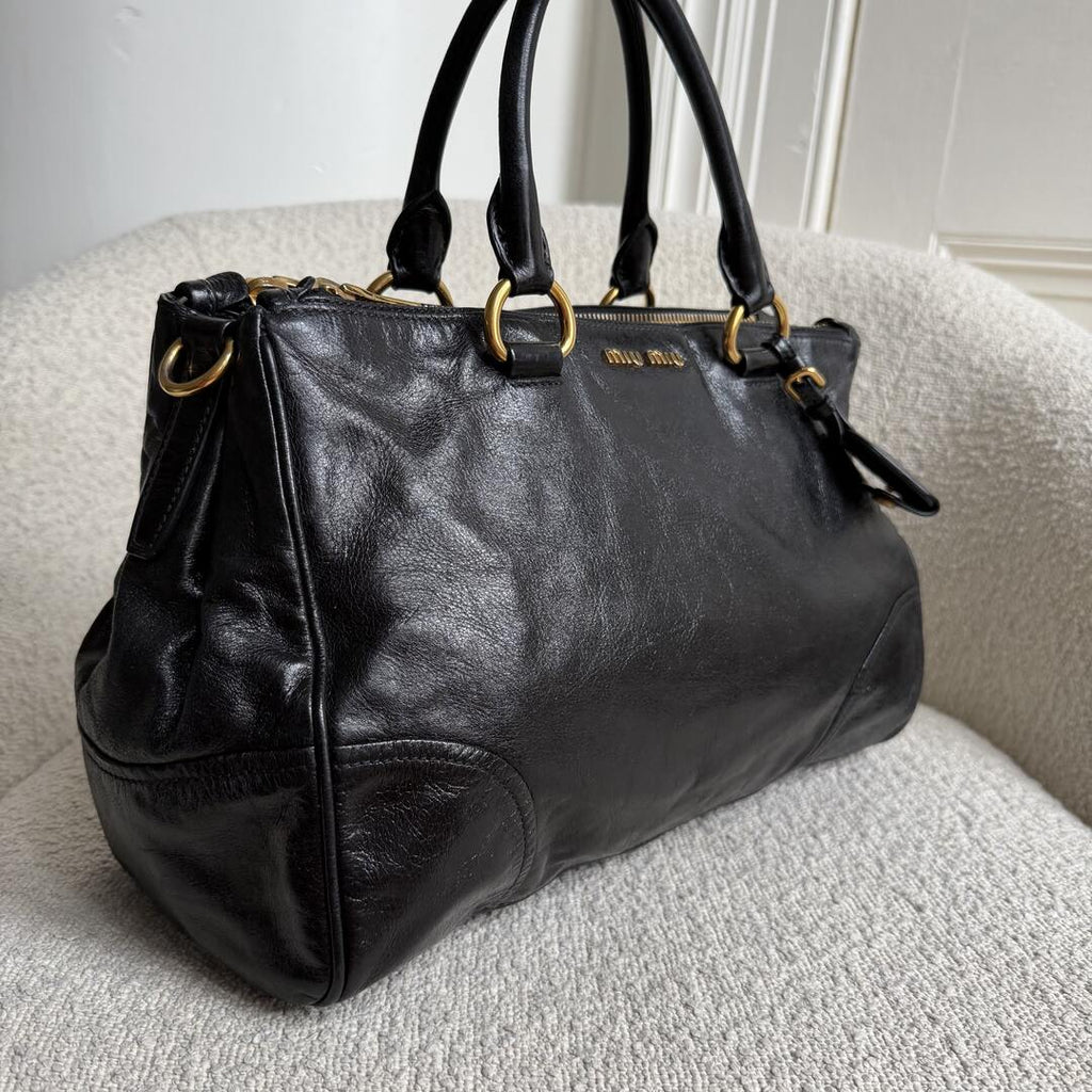 2014 Miu Miu Vitello Shine Black Leather Shoulder Bag