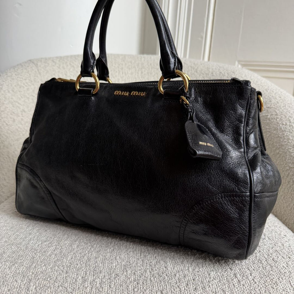 2014 Miu Miu Vitello Shine Black Leather Shoulder Bag