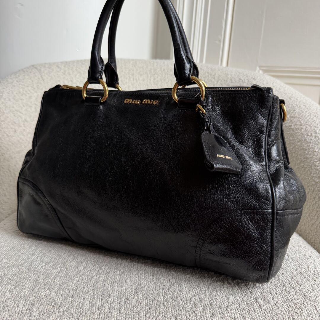 2014 Miu Miu Vitello Shine Black Leather Shoulder Bag