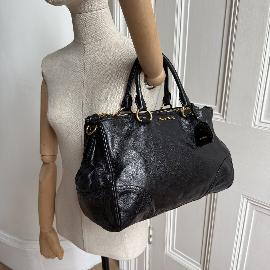 2014 Miu Miu Vitello Shine Black Leather Shoulder Bag