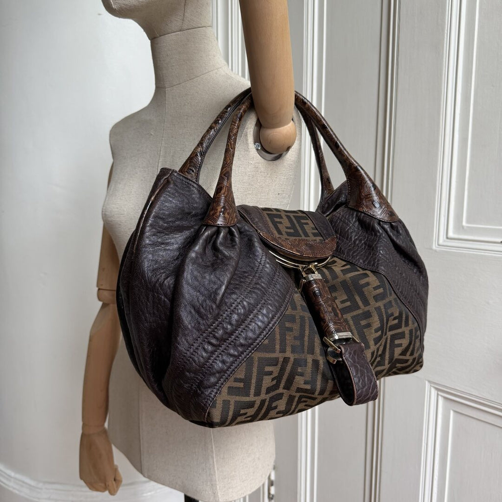 Fendi Zucca Spy Dark Brown Leather Handbag