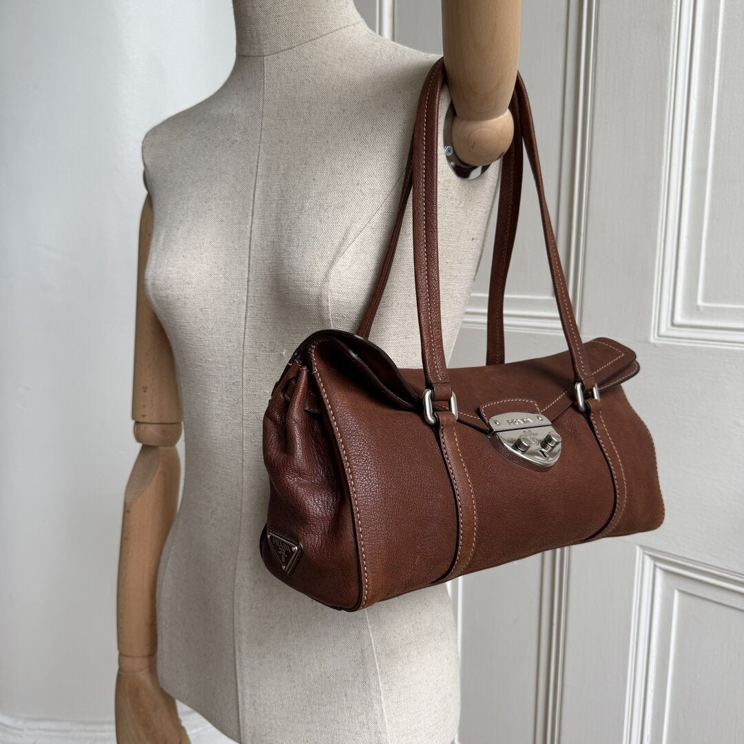 Prada Vitello Easy Leather Brown Shoulder Bag