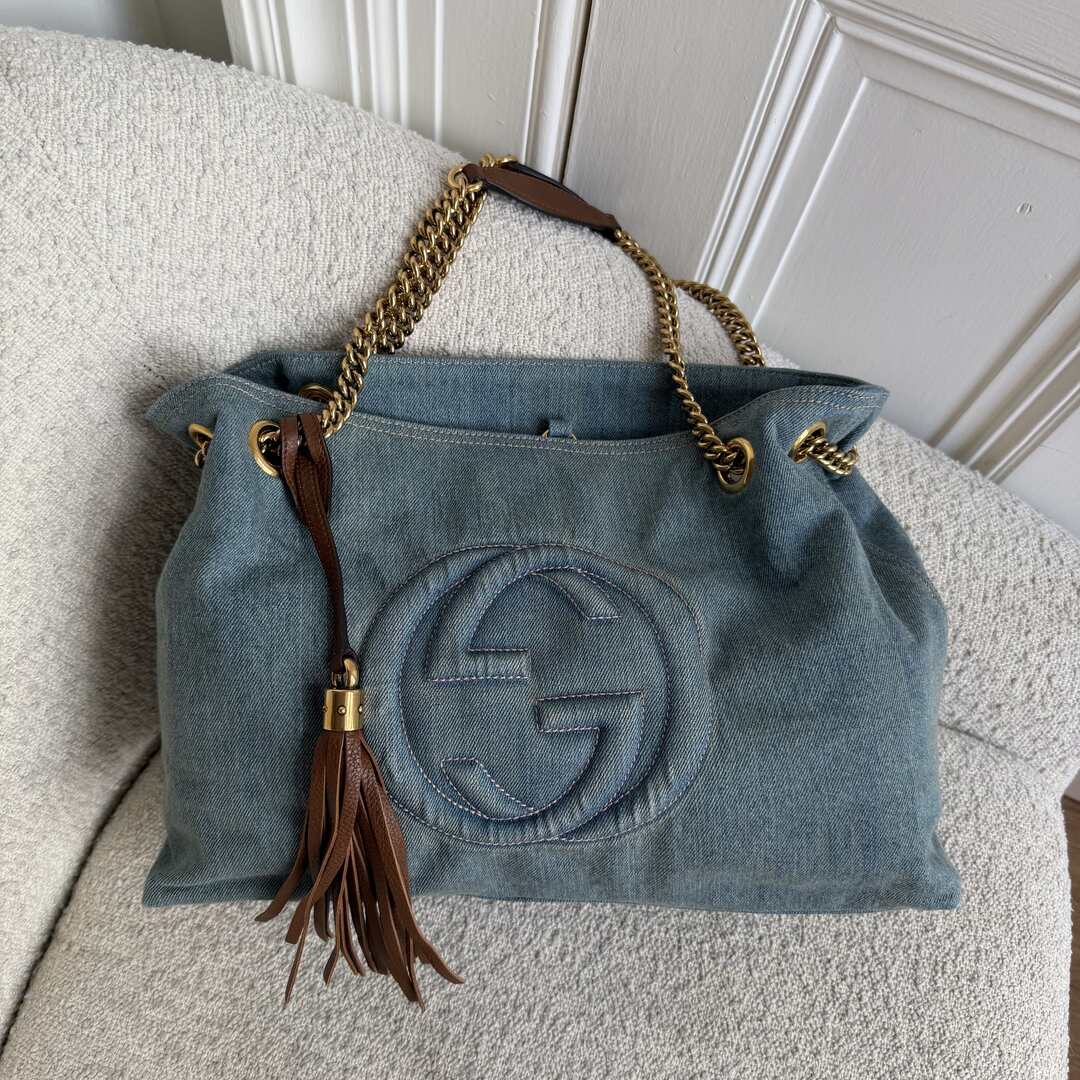 Gucci Soho Chain Denim Blue Tote Bag