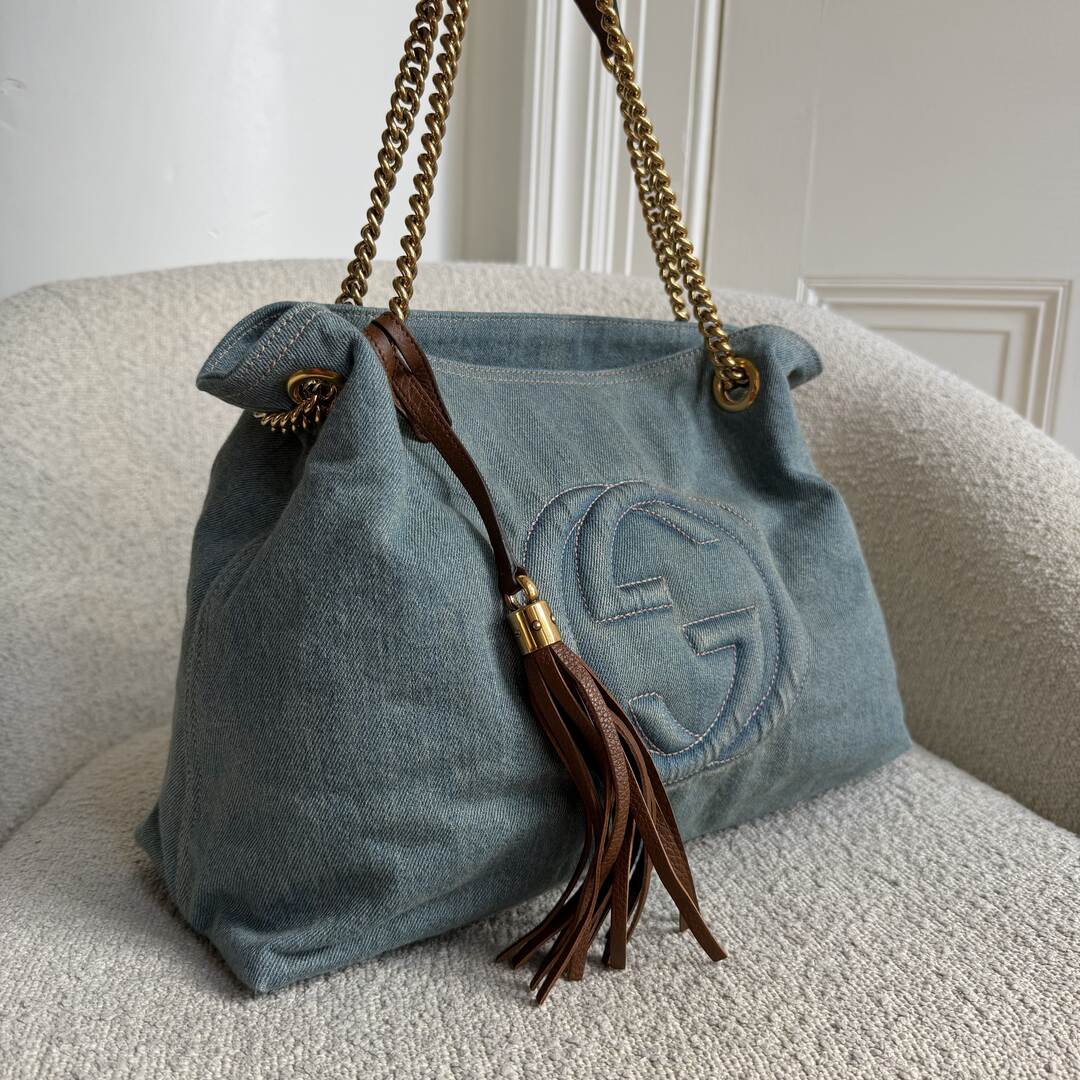 Gucci Soho Chain Denim Blue Tote Bag