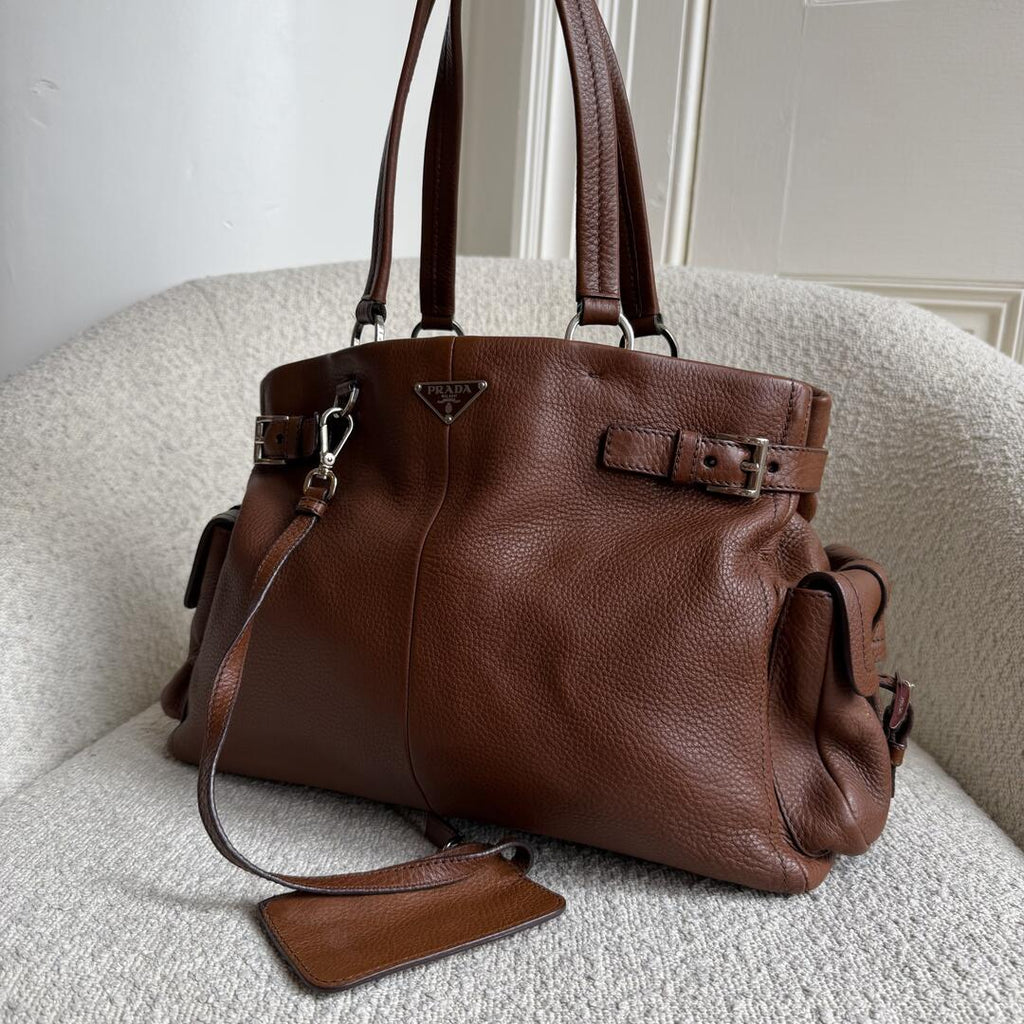 Prada Vitello Daino Leather Brown Tote Bag