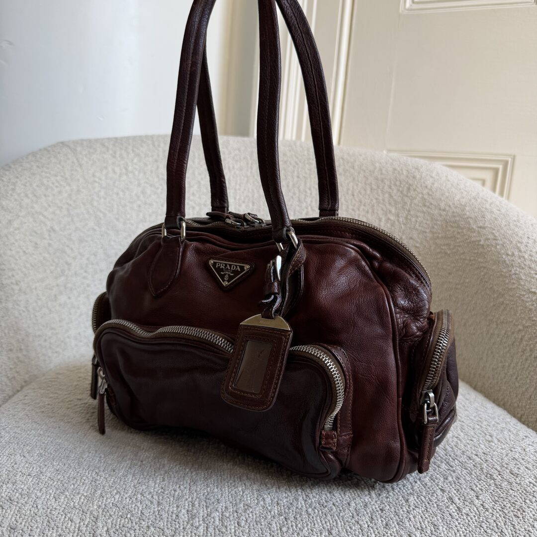 2006 Prada Washed Bauletto Brown Leather Shoulder Bag